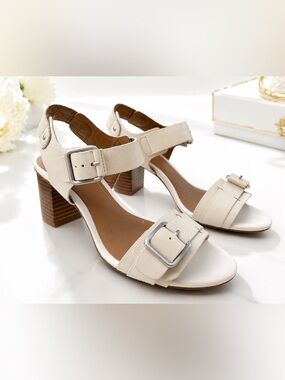 Clarks Ivory Leather Block Heel Sandals with Buckles